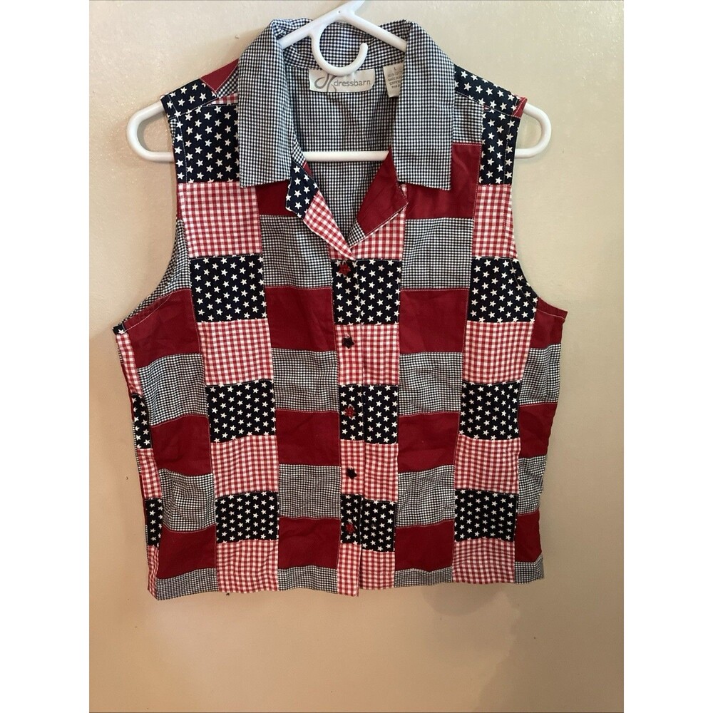 Vintage Dress barn Patriotic Patchwork Vest Large USA Flag 4th Of July Gingham